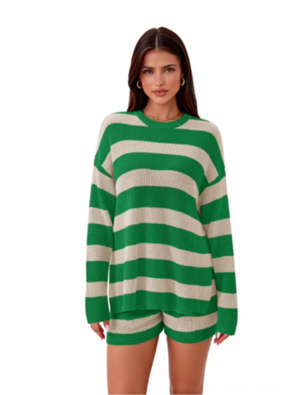 NEW 2Pc XXL Shorts & Sweater Set-Knit Green & White Color Stripe-Women's